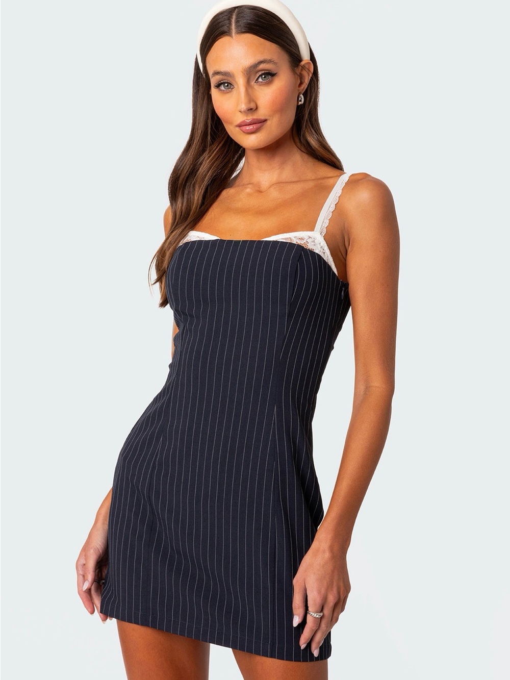 Edikted Navy Pinstripe Dress with White Lace Trim